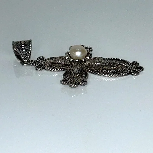 NWOT Ottoman Sterling Silver & Cultured Pearl Cross Pendant Necklace Spiritual